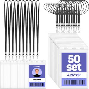 Patelai 50 Pack 4 x 6 Inch Extra Large Badge Credential Holders with 20 Inch Black Lanyard Vertical Name ID Badge PVC Card Holder ID Protector Sleeve Lanyard Pouch for Office Passport Tickets Event