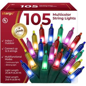 Multi Color Christmas Lights - 105 Incandescent Mini Bulbs Multifunctional Lighting Modes, for Decorative, Bedroom, Outdoor, Xmas Twinkle Tree Lights with Green Wire Total 20.36FT