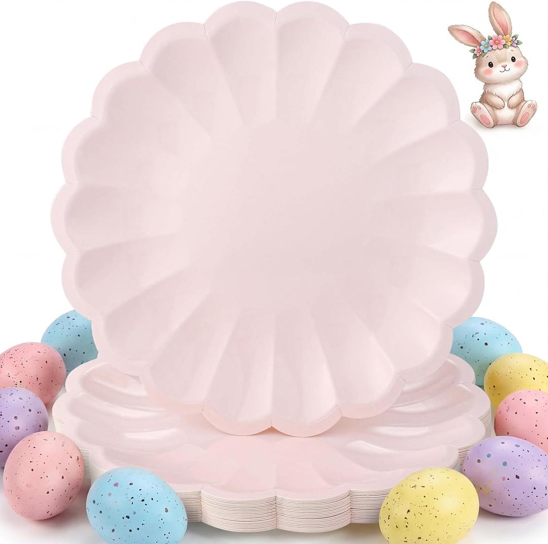 30 Pcs Pink Paper Plates 9.5 In Pink Easter Plates Scalloped Party Plate with Shell Edge for Wedding Mother's Day Birthday Bridal Shower Girl Baby Shower