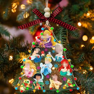 Princess & Friends Shaped Christmas Acrylic Ornament, Cute Holiday Hanging Decoration, Beautiful Walt Princess Cartoon Ornament Gift for Kids, Boys, Girls, Fans (with Red Bow & Wooden Beads)