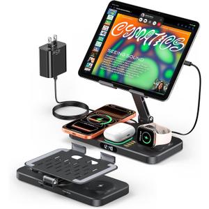 Magnetic Wireless Charging Station with 45W Adapter for Apple, Foldable Wired Charging for iPad with Clock & Night Light, Fast Mag-Safe Charger for iPhone 17 16 15 14 13, Apple Watch Charger & AirPods