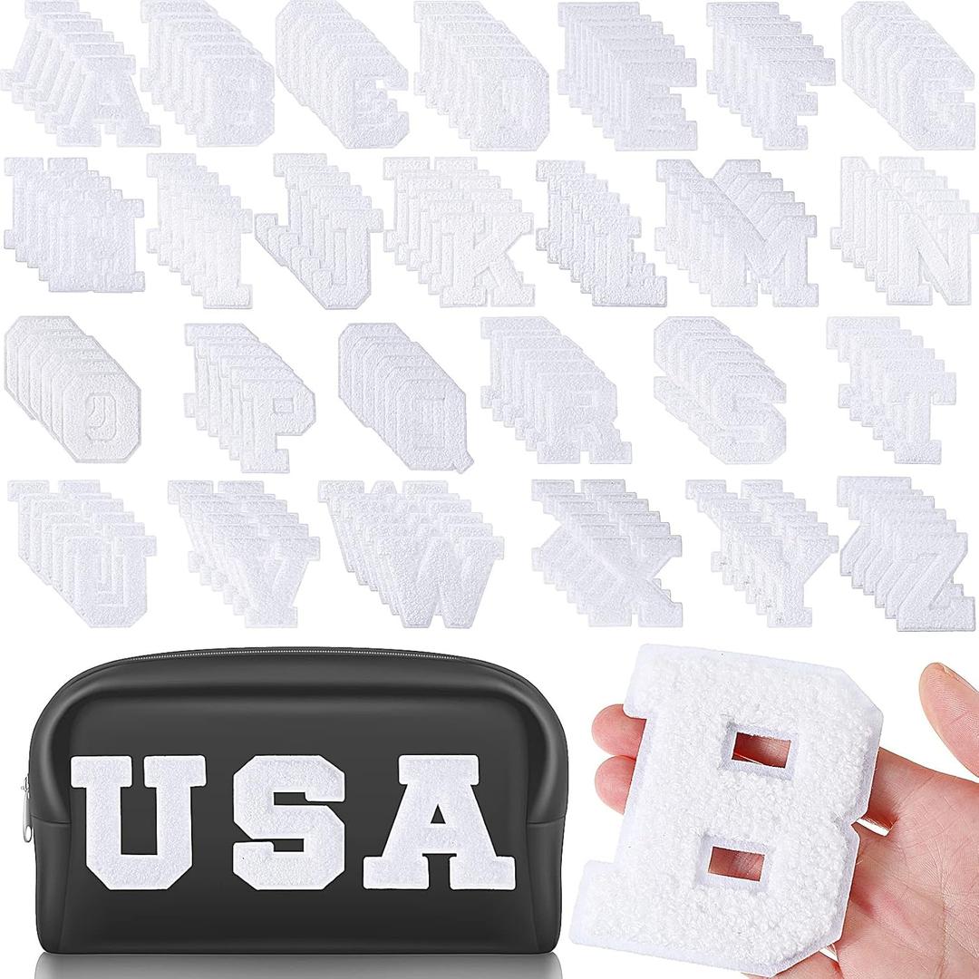 104 Pcs Chenille Letters Patches Iron on Large 3.2 H x 2.4 W College Letters Patches Embroidered Trimmed Preppy Alphabet for Clothing Repairing(White)