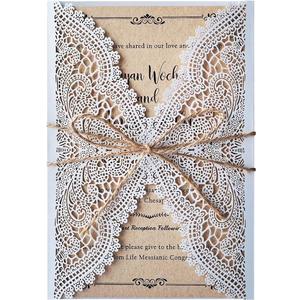 50Pcs 5.12" x 7.28" Rustic Laser Cut Vintage Lace Wedding Invitations Kit Blank Kraft Wedding Invitation Cards with Hemp Rope Envelopes for Wedding Birthday Anniversary Invite