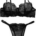 Lilosy Sexy Floral Embroidered Mesh Women Underwire Push Up Lingerie Set (Medium)