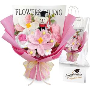 Giegxin Graduation Crochet Flowers Bouquet Set 2026 Grad Cap Plush Bear Hand Knitted Tulip Daisy Sunflower Rose Bouquet Greeting Card Gift Bag for Wedding Birthday Party Favors (Pink)