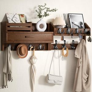 Wall Mounted Coat Rack with Shelf & Drawer, Heavy Duty Solid Wood Entryway Organizer, 29’’ Coat Rack Wall Mount with 12 Metal Hooks, Key & Mail Holder for Living Room, Bedroom