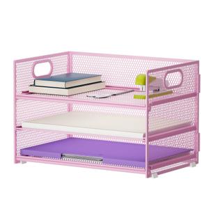 Marbrasse 3 Tier Paper Organizer Letter Tray, Mesh File Organizer with Handle, Paper Sorter Desk Organizer for Home Office Supplies(Pink)