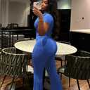 HBQ Women Two Piece Outfit Ribbed Short Sleeve V Neck Polo Top and Flare Pants Casual Lounge Sets Tracksuit, Large Size