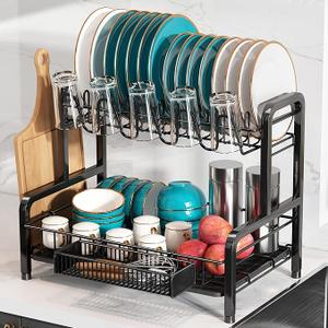 Dish Drying Rack and Drainboard Set, 2 Tier Stainless Steel Dish Rack for Kitchen Counter, Large Dish Strainer Organizers with Cups Holder, Utensil Holder, Black