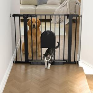 29.5"-40.5" Baby Gate with Cat Door for Stairs & Doorways - 30.5" Tall Auto-Close Metal Gate - No Drilling Pressure Mounted Dog Gate Indoor with Door (Black)