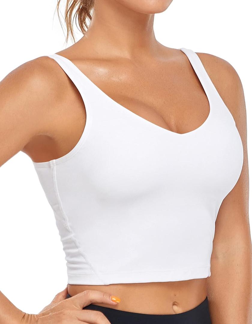 Oalka Sports Bra Womens Longline Padded Crop Tank Yoga Bras Workout Fitness Top (White, M)
