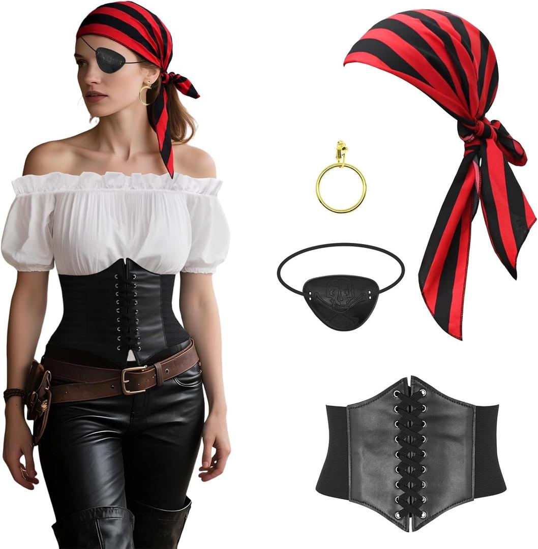 Pirate Costume for Women with Accessories Renaissance Short sleeve Blouse Belt Headscarf Set Cosplay (Medium, White+stripe)
