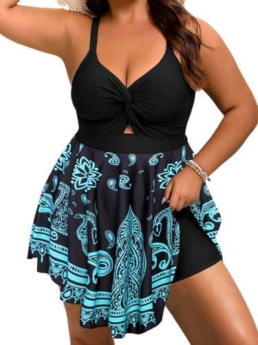 Arolina Plus Size Bathing Suit for Women Swim Dress Tummy Control Swimsuits Two Piece Flowy Tankini with Shorts 22W