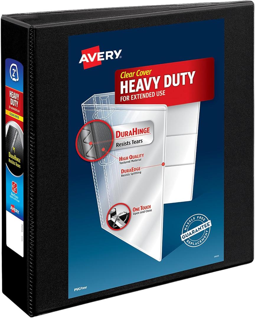 Avery Heavy-Duty View 3 Ring Binder, 2" One Touch Slant Rings, 530-Sheet Capacity, 2.8 Inch Wide Spine, Great for Home, School Supplies, Office, or Organization Needs, 1 Black Binder (05500)