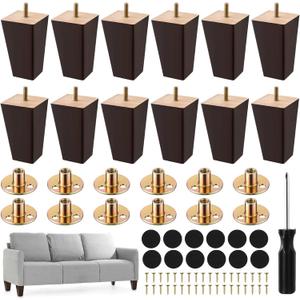 Kigley Set of 12 Wood Furniture Legs 4 Inch Sofa Leg Solid Square Couch Feet Mid-Century Bed Legs Replacement for Sofa Armchair Recliner Coffee Table Dresser (Burlywood)(Brown)