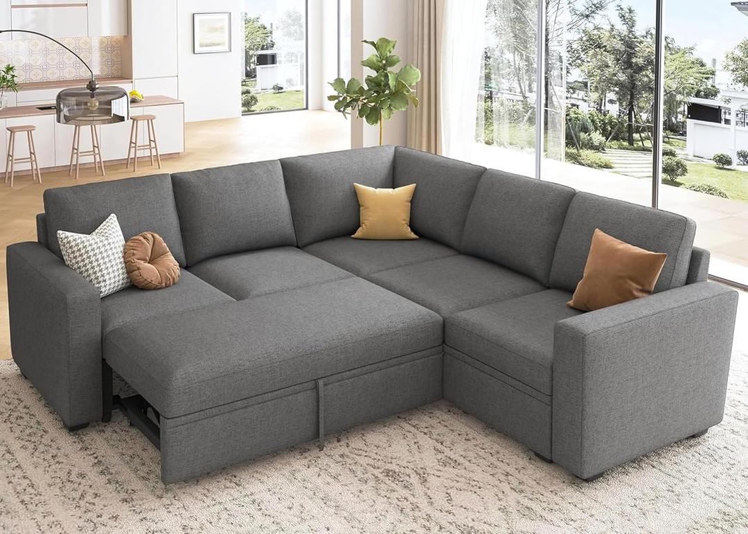HONBAY Sectional Sleeper Sofa with Pull Out Bed, L Shaped Couch with Storage Seat, Modular Sectional Couches for Living Room, Dark Grey