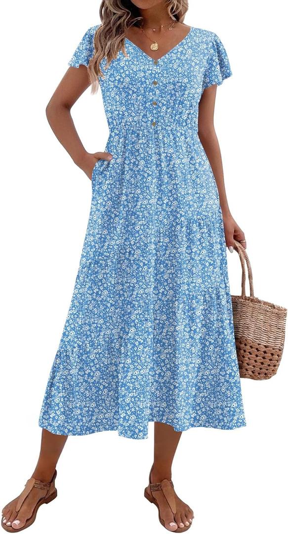 Zeagoo Women's Summer Casual Dress Flutter Short Sleeve V Neck Button Down Tiered Flowy Long Dress with Pockets (Blue White Floral) 9