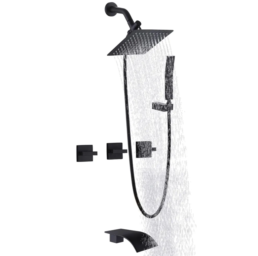 3 Handles Tub Shower Faucet,Bathtub Shower Faucet Set with Tub Spout,Dual 2 in 1 Shower System Complete Tub and Shower Trim Kit,Matte Black