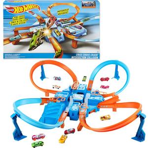 Hot Wheels Track Set with 1:64 Scale Toy Car, 4 Intersections for Crashing, Powered by a Motorized Booster, Criss-Cross Crash Track, Medium