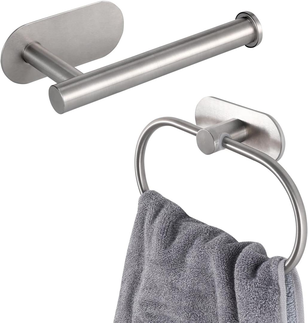 Toilet Paper Holder/Towel Ring Self Adhesive, Eolax No Drilling Brushed Nickel Bathroom Hardware Accessories, Stainless Steel Sticky Toilet Roll Hanger and Hand Towel Holder, 2 Pieces