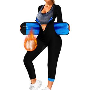 Women Sauna Suit Sweat Shirt Slimming Vest Hot Top Jumpsuit Shapewear, Armpit and Crotch Mesh (Large, Blue Lining)