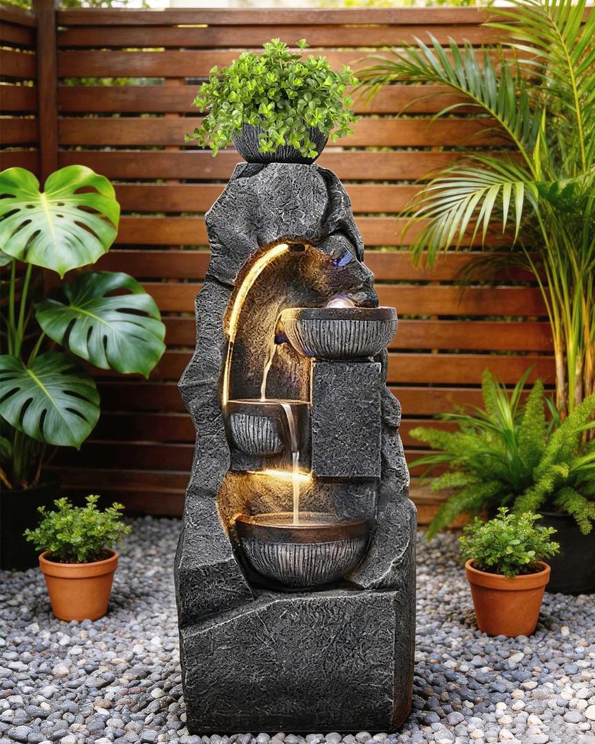 46.1" Outdoor Water Fountain Waterfall Garden Fountain with LED Lights and Pump Modern Floor-Standing Fountains Outdoor Rock Fountain Decor for Garden, Porch, Patio, Home Decor