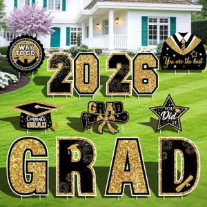 Class of 2026 Yard Signs, 11PCS Black Gold 2026 Graduation Yard Decorations Large Congrats Grad Lawn Sign with Stakes for Outdoor Senior High School College Garden Prom Send Off Party Decor Supplies