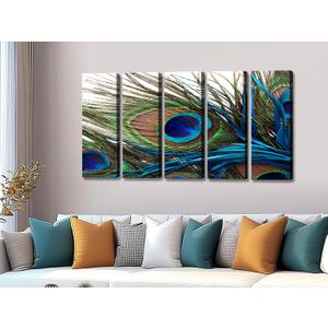 Wall Art for Living Room Bedroom Decoration Peacock Painting Canvas Print Framed Art Animal Feather Plume Modern Art for Office Wall Dcor Teal Blue Green 5 Panels Large Size 10x28inch