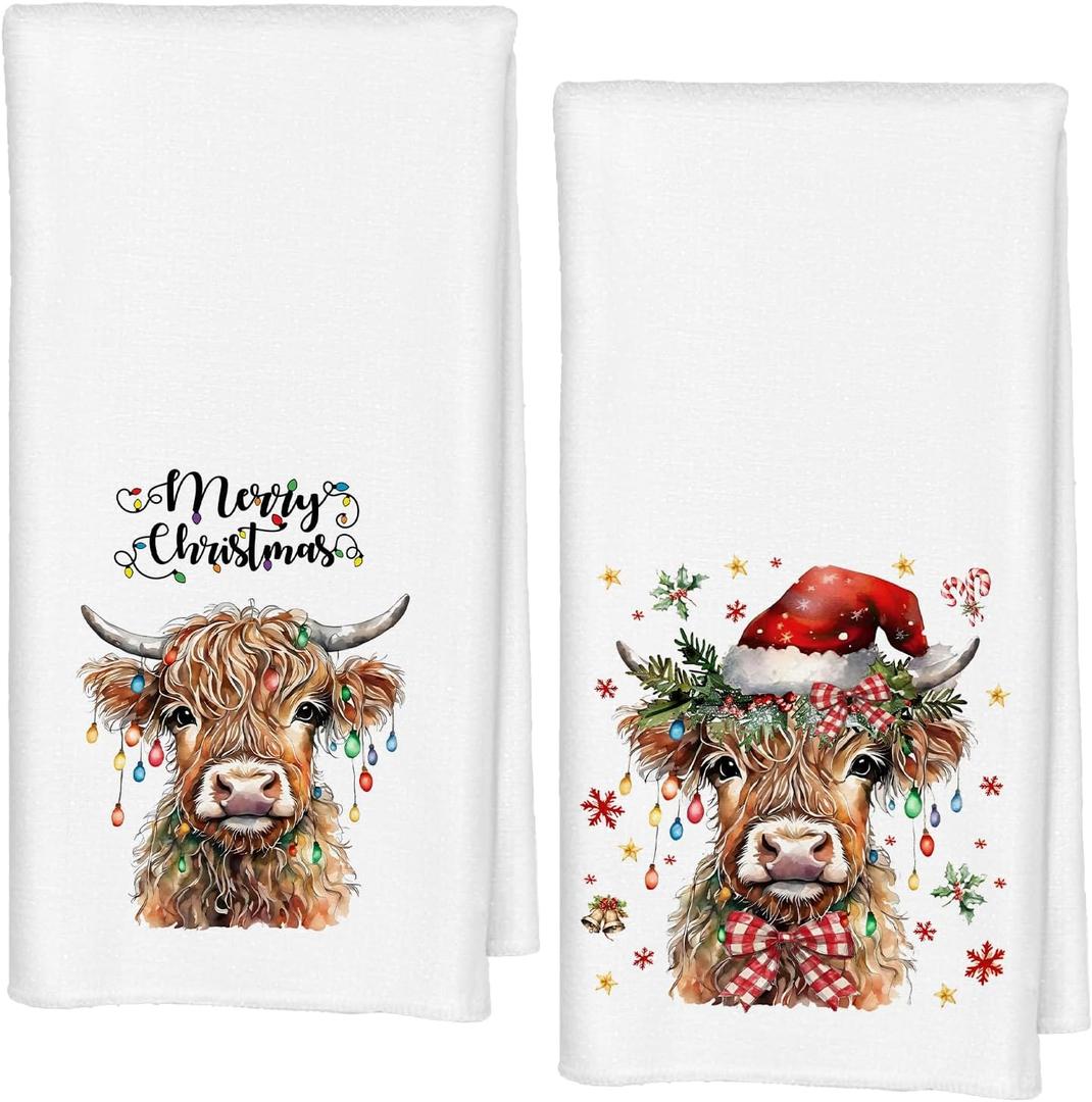 Christmas Highland Cow Kitchen Towels Set of 2, Highland Cow Christmas Decorations Hand Towels for Bathroom Farmhouse 16x24 Inches