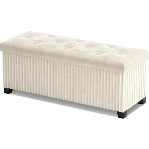 LITZFUR Storage Ottoman Bench, 43 Inch Foldable Ottoman with Legs, Velvet Foot Rest Stool, End of Bed Bench, Storage Chest for Living Room, Bedroom (Beige)
