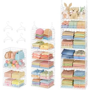 8 Tier Extended Width Hanging Closet Organizer, Sweater Storage for Closet Organizer System, Stackable Wire Basket Bins for Clothes Purse Shoes, Hanging Shelves with 4 Hooks & 4 Dividers Adjustable