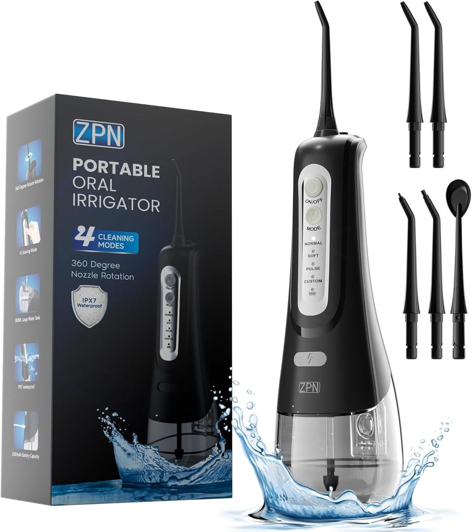 ZPN Water Dental Flosser Cordless for Teeth Cleaning，with 4 Modes Oral Irrigator, 5 Replaceable Jet Tips, Portable and Rechargeable IPX7 Waterproof Teeth Cleaner for Home and Travel (Black)