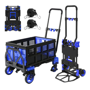 Oyoest 2 in 1 Folding Hand Truck with Folding Basket,Heavy Duty Hand Truck Dolly 330lbs Capacity with Telescoping Handle and Rubber Wheels,Portable Dolly Cart with Bungee Cords for Moving