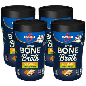 Swanson Sipping Bone Broth, Chicken Bone Broth with Ginger & Turmeric, 10.75 Ounce Sipping Cup (Pack of 4)