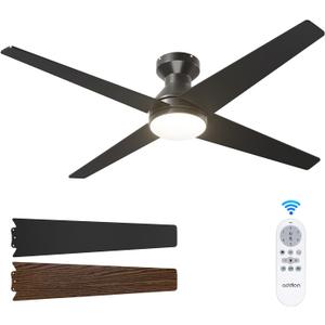 addlon Ceiling Fans with Lights, 52 Inch Low Profile Ceiling Fan with Light and Remote Control, Flush Mount, Reversible, 3CCT Dimmable 4 Blades Black Small Ceiling Fan for Bedroom Indoor/Outdoor Use
