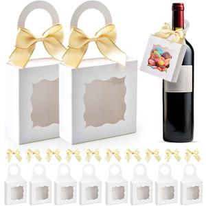 Sankoly 10 Pieces Wine Bottle Box with Window Paper Wine Gift Box with Bow Tie Mini Gift Boxes Bottle Hanger Favor Box for for Holding Candy Chocolate Cookies Mini Gift (White)
