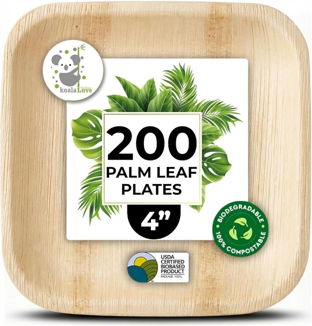 Palm Leaf Plates Bamboo Paper Disposable 4 Inch 200 Bulk Appetizer and Dessert Square Plate Party Pack Eco Biodegradable Compostable Wooden Better Than Plastic Plates By KoalaLove