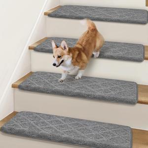 Bullnose Non Slip 9.5" x 32", 14 Pcs Carpet Stair Treads for Wooden Steps Indoor with Edge Protection, Reusable Peel and Stick TPU Backing Stair Runner Rugs - Diamond Pattern Grey (9.5*32 INCH, Grey (Diamond Pattern ))