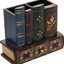 MyGift Decorative Desk Organizer Caddy, Pencil and Pen Holder with Bottom Storage Drawer and Antique Library Books Design