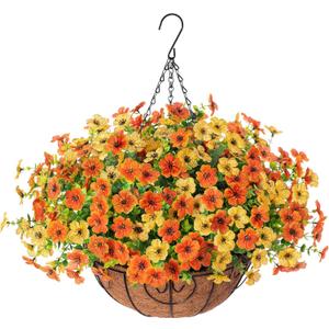 HyeFlora Artificial Fake Hanging Mums Plants Flowers Basket for Fall Autumn Outdoor Decor, Faux Silk Orange Dasiy Flower Look Real UV Resistant for Outside Porch Home Patio Garden Decoration