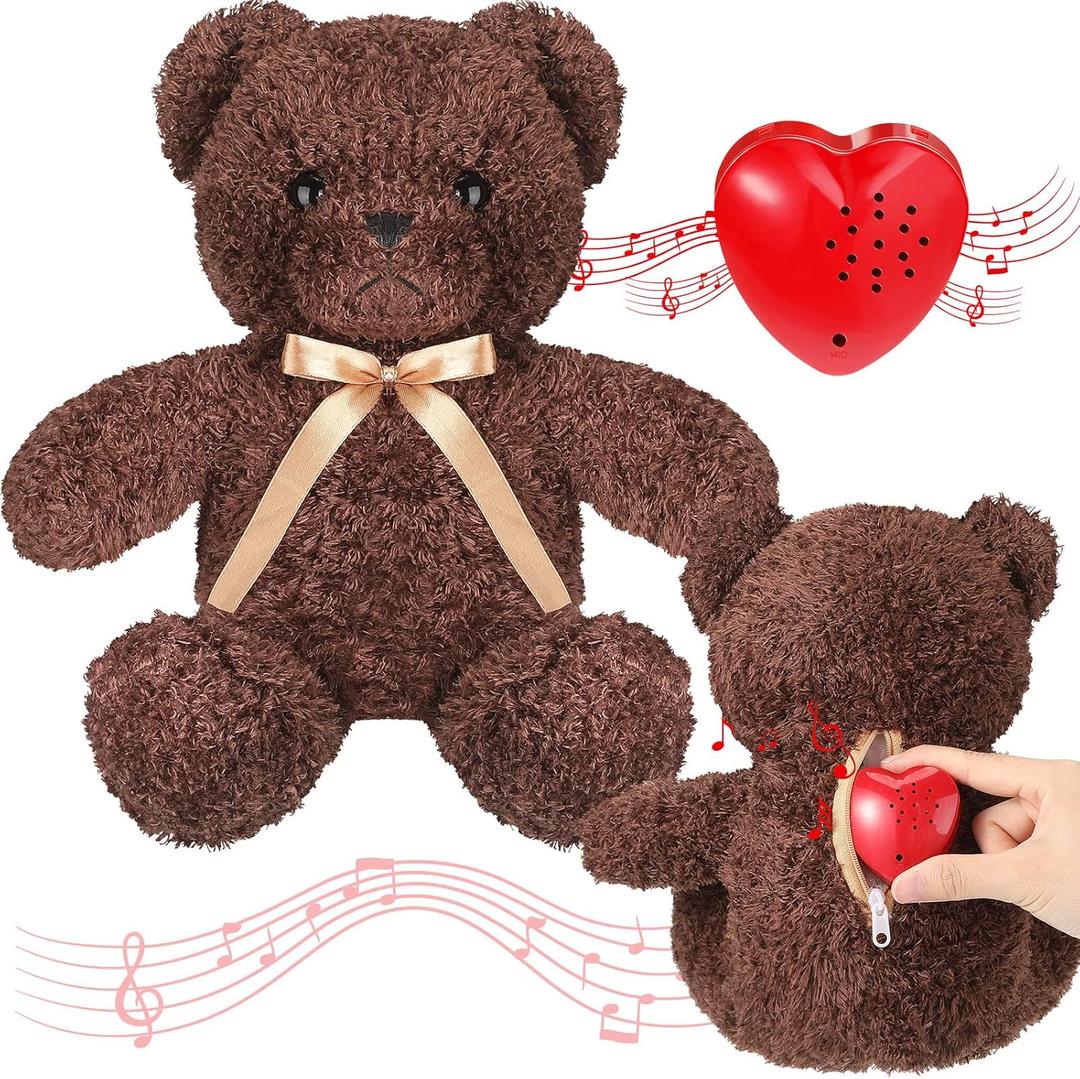 Hungdao 16 Inch Bear Stuffed Animal with Voice Recorder Set 60 Seconds Heart Shaped Voice Sound Recorder Module Soft Plush Bear with Zipper for Boy Girl Valentines Day(Dark Brown)