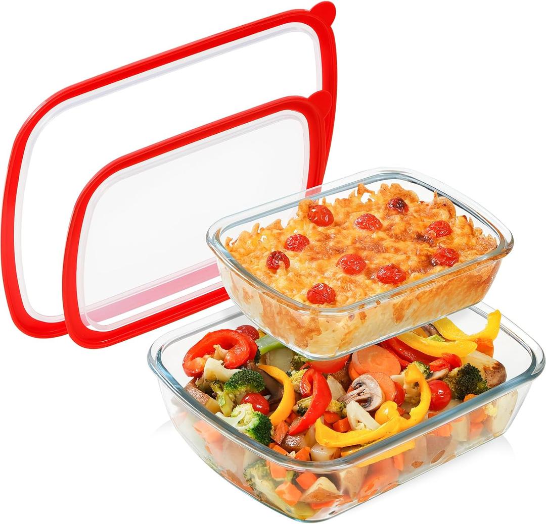 NUTRIUPS 2-Piece Deep Glass Baking Dish Set (11"x9", 9"x6") With BPA-Free Lids, Rectangular Glassware, Oven Dishwasher and Microwave Safe (Tempered Glass, 1.3 QT, 3.2 QT) (Clear)