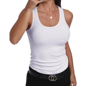 GEMBERA Womens Scoop Neck Sleeveless Racerback Ribbed Knit Slim Fitted Basic Tank Top Shirt (White, L)