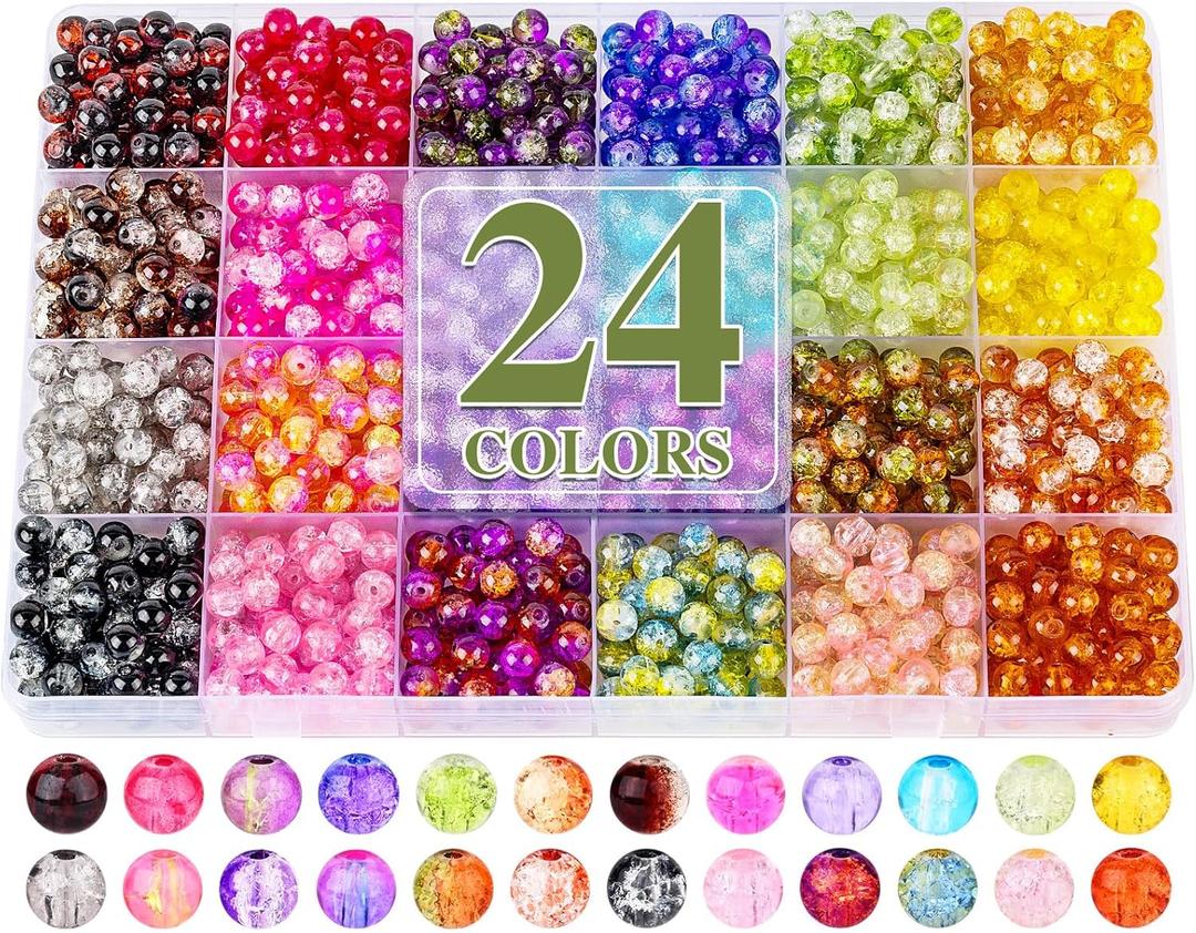 XSEINO 1200PCS 6mm Glass Beads Kit, 24 Assorted Crack Series Colorful Crystal Beads for Jewelry Making and DIY Crafts, Friendship Bracelets