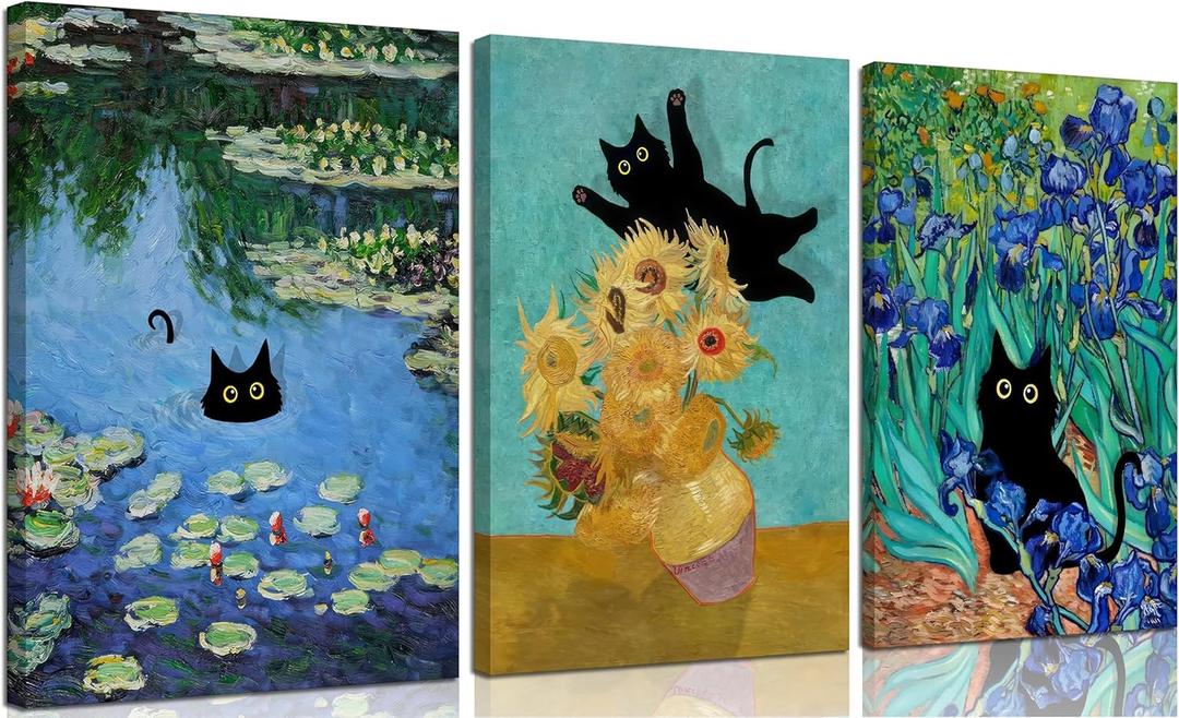 3 Pcs Funny Black Cat Canvas Wall Art Cat in Water Lilies Painting Picture Wall Decor Garden Flowers Black Cat Aesthetic Poster Print Artwork for Room Bedroom Living Room Bathroom Home Decoration (24L" x 16W")