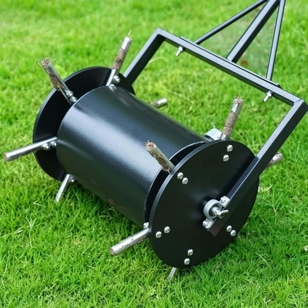 Double-Row Rolling Lawn Aerator, Manual Yard core-Removing Tool,Hollow Tine Lawn Aerator,Push-Type Rolling Rotary Aerator for compacted Garden Soil.