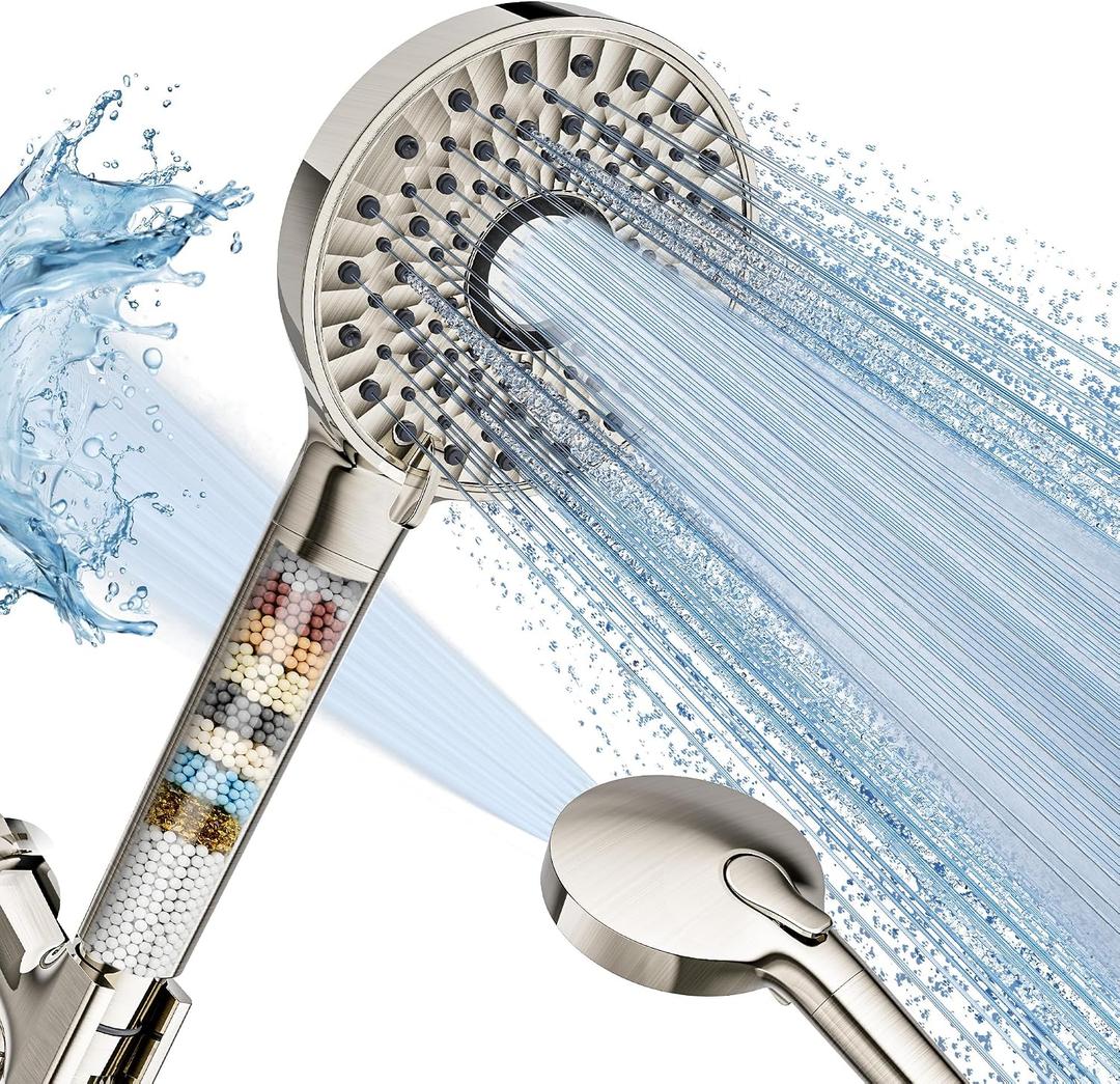 Magichome Filtered Shower Head with Handheld, High Pressure 10-Spd Detachable Chrome Showerhead with Stainless Hose, Water Softener Filter Beads for Hard Water - Remove Chlorine, Brushed Nickel-Silver