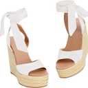 Womens Platform Espadrille Wedges Open Toe High Heel Sandals with Ankle Strap Buckle Up Shoes (7.5, White)
