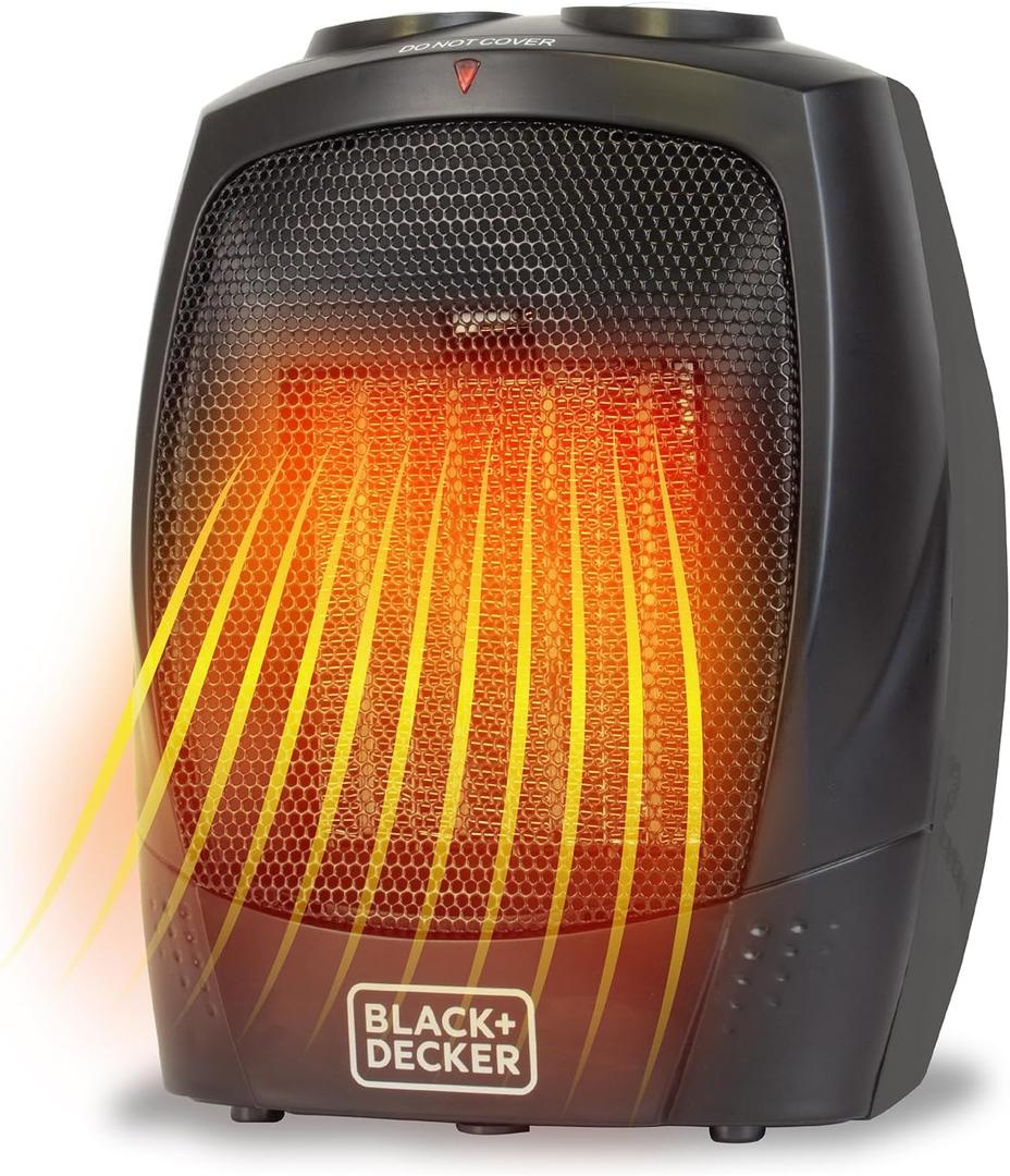 BLACK+DECKER Personal Ceramic Heater, Space Heater for Office Desk, Home Office & Personal Use Desk, 2 Heat & Fan Only Settings, Adjustable Thermostat, BHDC201, Black