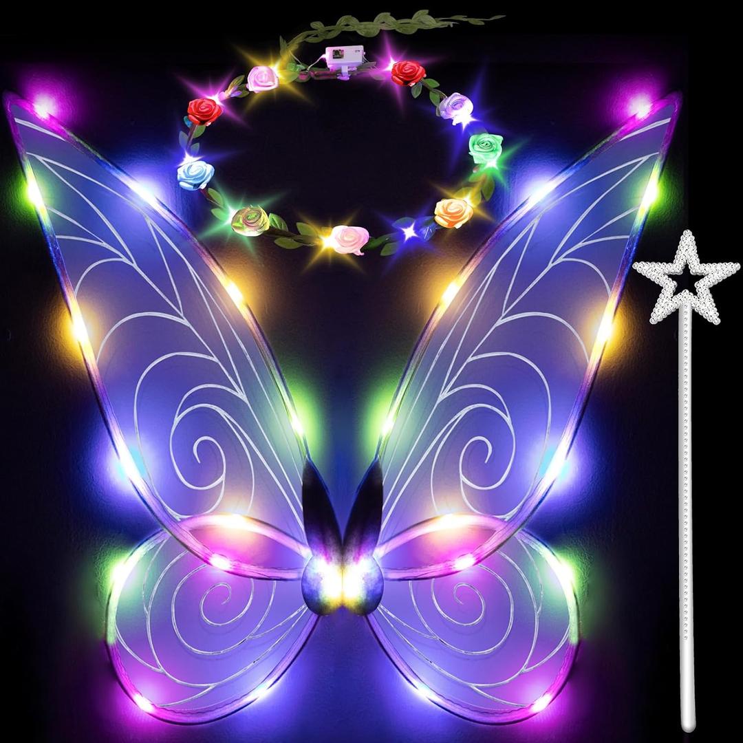 Quescu 3 Pcs Light up Fairy Wings for Adults,LED Butterfly Wings for Girls,Angel Wings Halloween Costume Dress Up for Kids (White/Color Light)